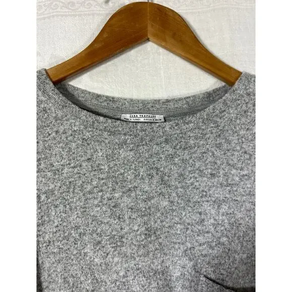 Zara Trafaluc Shirt Small Gray Chest Pocket Sweatshirt Raw Hem Oversized - Picture 5 of 9